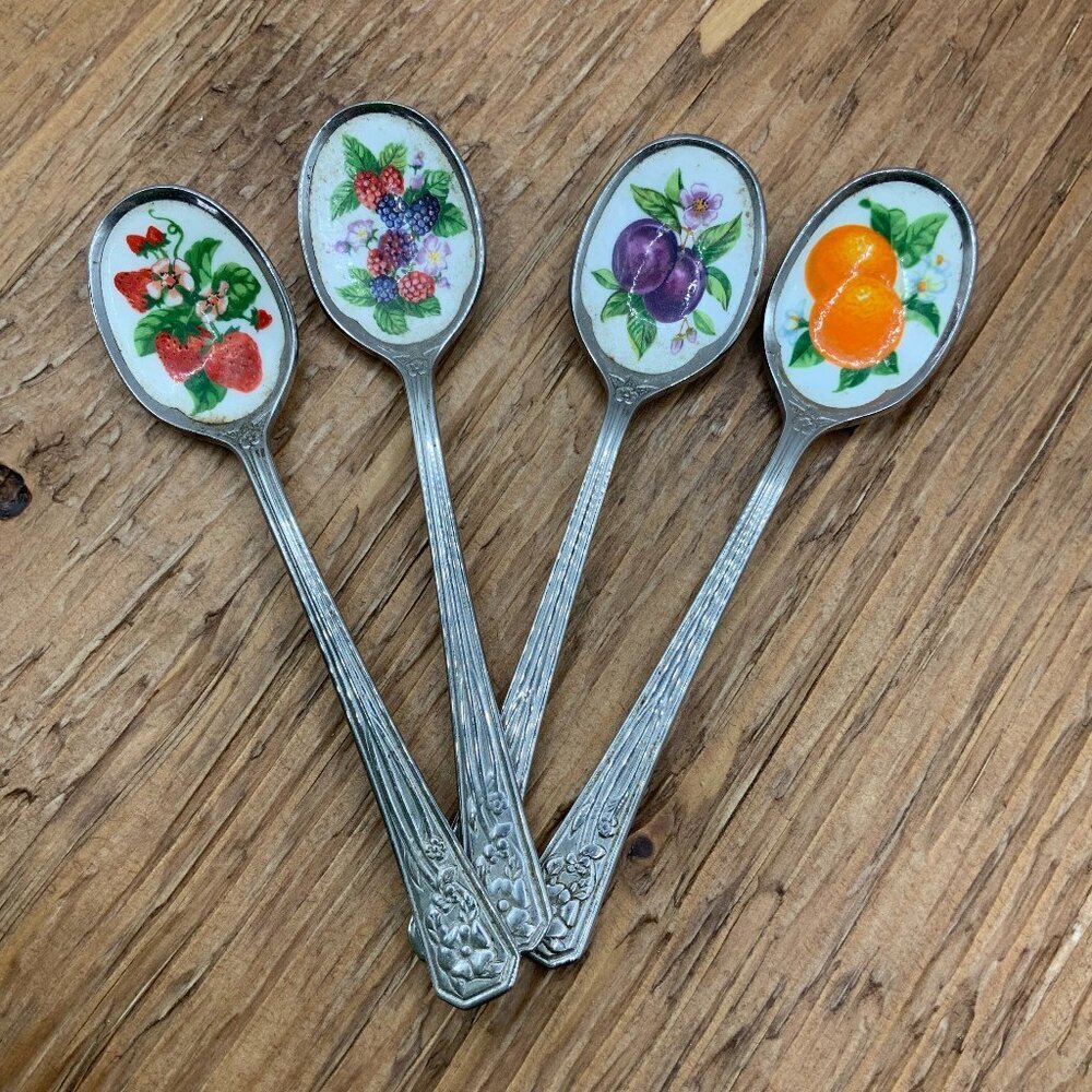 Avon Vintage Hand Painted Stainless Spoon Fruit Set of 4 Spoons